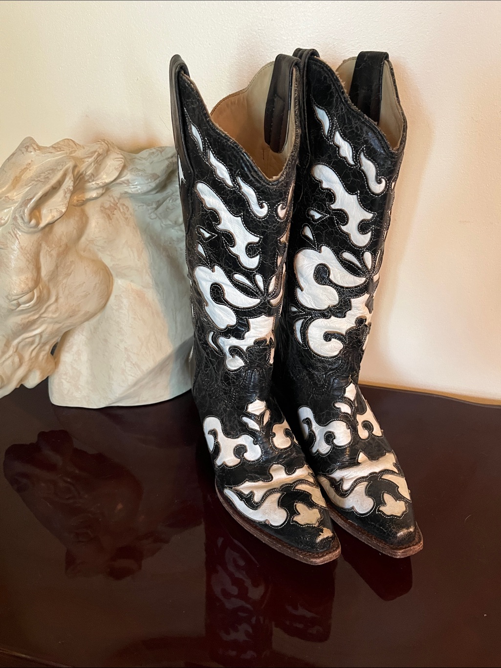 Women's Black And White Embroidered Western Knee-High Boots